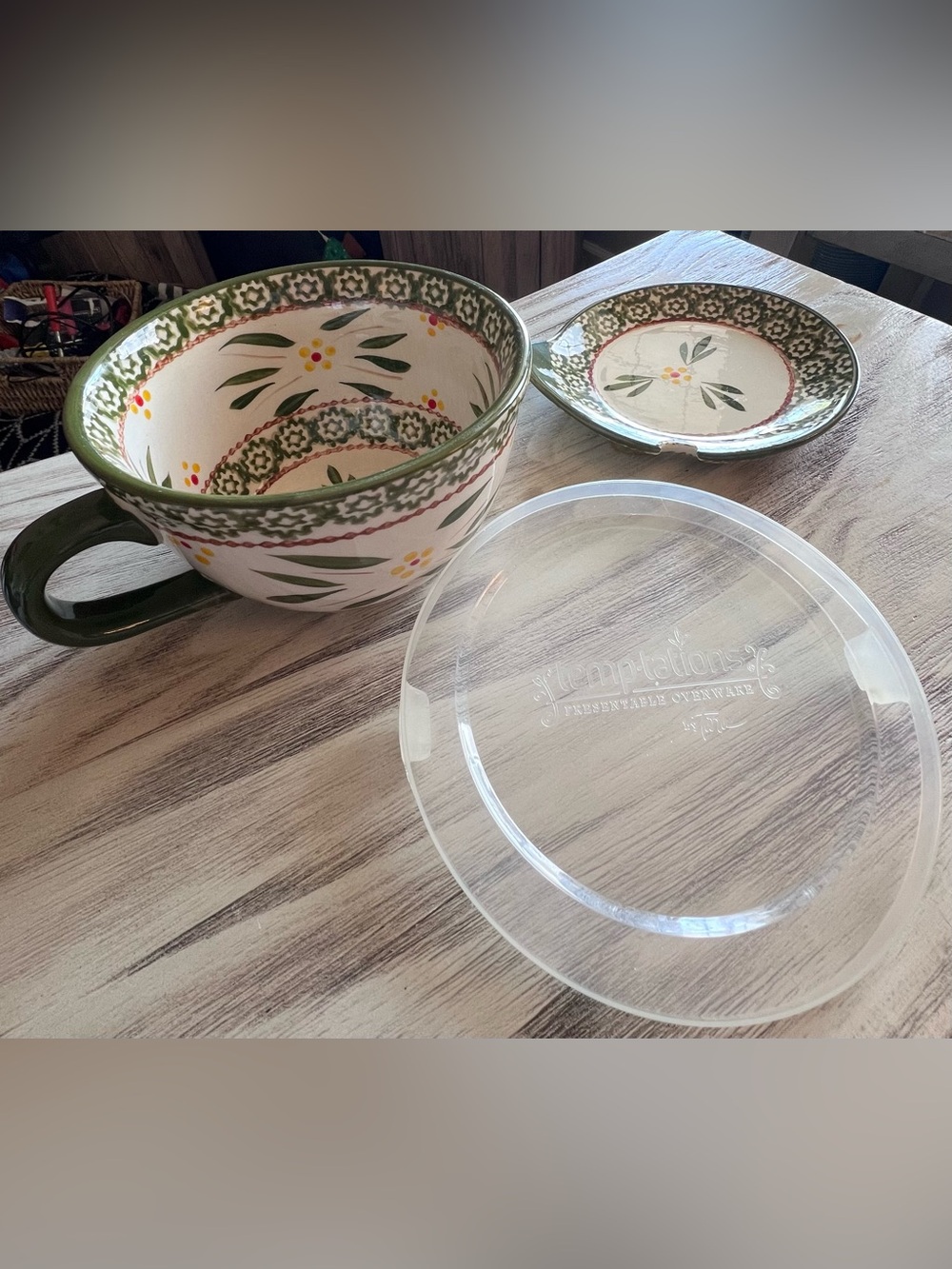 Temp-tations Old World Green Oversized Soup Mug Bowl Spoon Rest Lid Set - Picture 2 of 10
